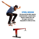 Rad Rail Skateboard Ramp Grind Rail – Heavy Duty 1.75” Square Flat Bar – 3 Height Adjust – 5 Foot Long – Driveway, Street, Ramp or Skatepark - Snowboard, Scooter Etc. – No Tools Required, Red/Black