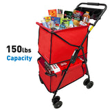 EasyGo Deluxe Cart Folding Grocery Shopping and Laundry Utility Cart – Unique Double Level Cart - Front Swivel Wheels - Easy Folding - 150lbs Capacity – Patent Pending – RED