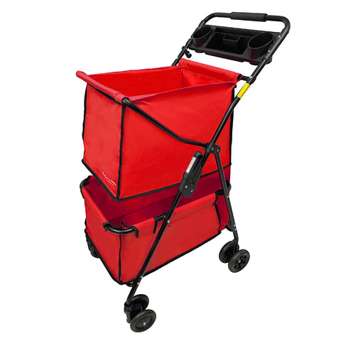 EasyGo Deluxe Cart Folding Grocery Shopping and Laundry Utility Cart – Unique Double Level Cart - Front Swivel Wheels - Easy Folding - 150lbs Capacity – Patent Pending – RED