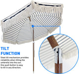 Tassel Beach Umbrella 7 Foot – Designer Umbrella Fringed Tassels – Wood Grain Steel Pole – Tilt Function – Ground Stake - UPF 50+ UV Sun Protection - Exotic Tan Color Striped – Carry Bag