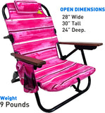 Backpack Beach Chair - 5 Positions and Lays Flat – Deluxe Wood Arm Rests – Cup Holder Storage Pouch on Side - Padded Pillow - Storage Bag on Back – Lightweight Rustproof Aluminum – 1 Pack Pink Stripes