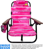 Backpack Beach Chair - 5 Positions and Lays Flat – Deluxe Wood Arm Rests – Cup Holder Storage Pouch on Side - Padded Pillow - Storage Bag on Back – Lightweight Rustproof Aluminum – 2 Pack Pink Stripes