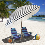 Tassel Beach Umbrella 7 Foot – Designer Umbrella Fringed Tassels – Wood Grain Steel Pole – Tilt Function – Ground Stake - UPF 50+ UV Sun Protection - Exotic Tan Color Striped – Carry Bag