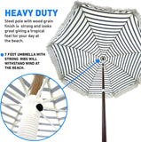 Tassel Beach Umbrella 7 Foot – Designer Umbrella Fringed Tassels – Wood Grain Steel Pole – Tilt Function – Ground Stake - UPF 50+ UV Sun Protection - Exotic Tan Color Striped – Carry Bag