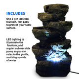 4-Tier Stone Tabletop Water Fountain with LED Lights - Soothing Water Sound - Small Decorative Waterfall Feature for Hom