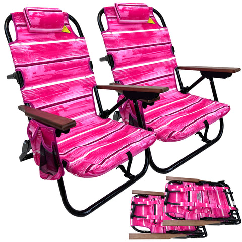 Backpack Beach Chair - 5 Positions and Lays Flat – Deluxe Wood Arm Rests – Cup Holder Storage Pouch on Side - Padded Pillow - Storage Bag on Back – Lightweight Rustproof Aluminum – 2 Pack Pink Stripes