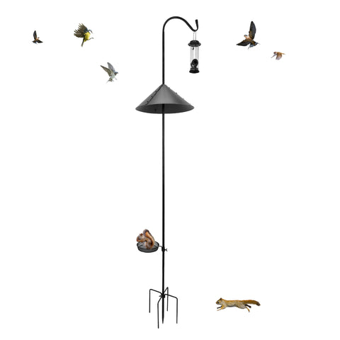 EasyGo Product Shepherd Hook Squirrel Proof Bird Feeder – Wild Bird Station - Powder Coated 90 Inch Steel Pole – Squirrel Baffle – 1 Bird Feeder – 1 Squirrel Peanut Feeder - 5 Prong Base – PATENTS PENDING