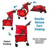 EasyGo Deluxe Cart Folding Grocery Shopping and Laundry Utility Cart – Unique Double Level Cart - Front Swivel Wheels - Easy Folding - 150lbs Capacity – Patent Pending – RED