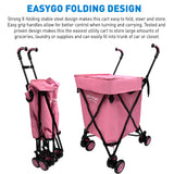 EasyGo Cart Folding Grocery Shopping and Laundry Utility Cart – Removable Water-Resistant Canvas Bag - Front Locking Swivel Wheels – Rear Brakes - Easy Folding - 120lbs Capacity – Copyrighted – Pink