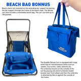 EasyGo Beach Cart Deluxe–Heavy Duty Folding Design–Large Wheels for Sand–Holds 4 Beach Chairs–Storage Pouch-Beach Umbrella Holder–Removable Beach Bag-Solid Blue