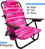 Backpack Beach Chair - 5 Positions and Lays Flat – Deluxe Wood Arm Rests – Cup Holder Storage Pouch on Side - Padded Pillow - Storage Bag on Back – Lightweight Rustproof Aluminum – 2 Pack Pink Stripes