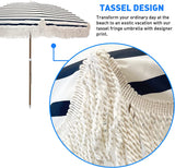 Tassel Beach Umbrella 7 Foot – Designer Umbrella Fringed Tassels – Wood Grain Steel Pole – Tilt Function – Ground Stake - UPF 50+ UV Sun Protection - Exotic Tan Color Striped – Carry Bag