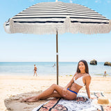 Tassel Beach Umbrella 7 Foot – Designer Umbrella Fringed Tassels – Wood Grain Steel Pole – Tilt Function – Ground Stake - UPF 50+ UV Sun Protection - Exotic Tan Color Striped – Carry Bag