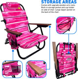 Backpack Beach Chair - 5 Positions and Lays Flat – Deluxe Wood Arm Rests – Cup Holder Storage Pouch on Side - Padded Pillow - Storage Bag on Back – Lightweight Rustproof Aluminum – 1 Pack Pink Stripes