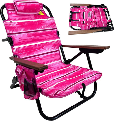 Backpack Beach Chair - 5 Positions and Lays Flat – Deluxe Wood Arm Rests – Cup Holder Storage Pouch on Side - Padded Pillow - Storage Bag on Back – Lightweight Rustproof Aluminum – 1 Pack Pink Stripes