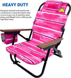 Backpack Beach Chair - 5 Positions and Lays Flat – Deluxe Wood Arm Rests – Cup Holder Storage Pouch on Side - Padded Pillow - Storage Bag on Back – Lightweight Rustproof Aluminum – 2 Pack Pink Stripes