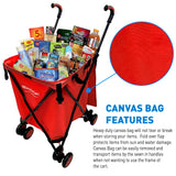 EasyGo Cart Folding Grocery Shopping and Laundry Utility Cart – Removable Water-Resistant Canvas Bag - Front Locking Swivel Wheels – Rear Brakes - Easy Folding - 120lbs Capacity – Copyrighted – RED