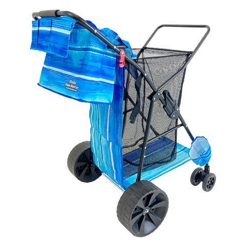EasyGo Product Beach Cart Deluxe – Heavy Duty Folding Cart Beach Wagon Design – Large Sand Wheels – Holds 4 Beach Chairs – Storage Pouch-Beach Umbrella Holder–Removable Beach Bag - Striped Pattern
