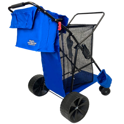 EasyGo Beach Cart Deluxe–Heavy Duty Folding Design–Large Wheels for Sand–Holds 4 Beach Chairs–Storage Pouch-Beach Umbrella Holder–Removable Beach Bag-Solid Blue