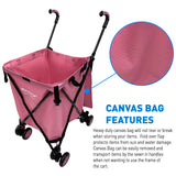 EasyGo Cart Folding Grocery Shopping and Laundry Utility Cart – Removable Water-Resistant Canvas Bag - Front Locking Swivel Wheels – Rear Brakes - Easy Folding - 120lbs Capacity – Copyrighted – Pink